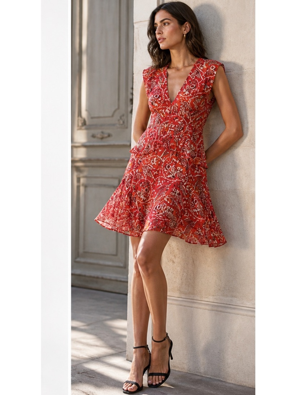 IRO Variety red floral chiffon mini dress sleeveless Size 2